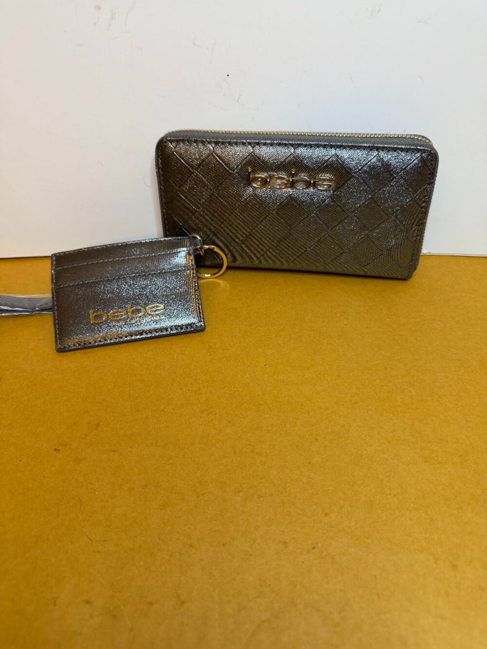 Bebe Metallic Silver Quilted Wristlet with Cardholder and Gold Hardware